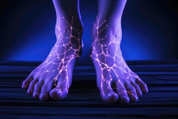 Human feet in ultraviolet light showing blood vessels. Diagnosis of diseases.