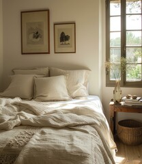 A cozy bedroom with a big bed, a window, and a wooden table