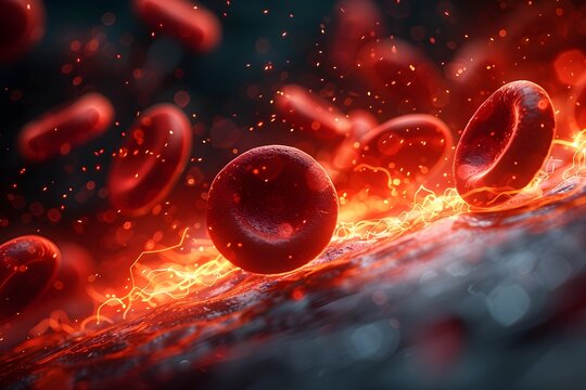 Close up de celulas de sangre dentro de la arteria con fibrina para la coagulaci&oacute;n y particulas de colesterol. Circulacion en los vasos sangu&iacute;neos.