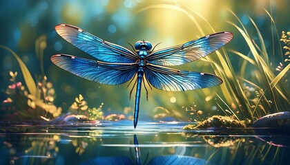  A vibrant, metallic blue dragonfly hovering above a pond, with blurred green reeds  - Powered by Adobe
