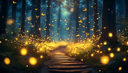 A swarm of fireflies lighting up a dark forest path, with their glow softly illuminating 