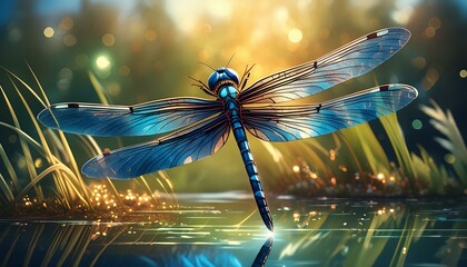  A vibrant, metallic blue dragonfly hovering above a pond, with blurred green reeds  - obrazy, fototapety, plakaty