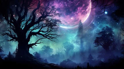 Mystical moonlit forest landscape with gnarled tree and distant mountains