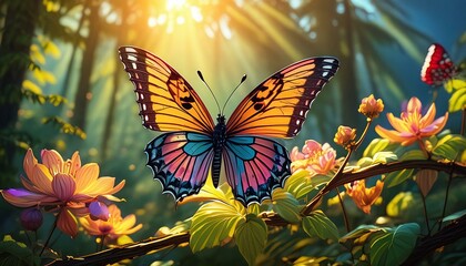 A vividly colored butterfly with oversized wings resting on a tropical flower, 