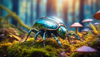 An imaginative alien beetle with iridescent armor exploring a mossy forest floor, 