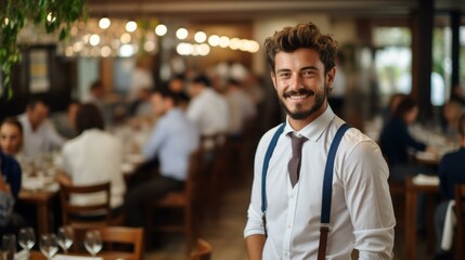 Confident waiter in a busy restaurant