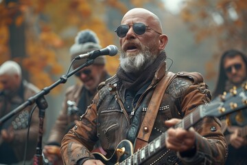 Un hombre mayor con lentes obscuros tocando una guitarra en un concierto  el aire libre en el dia con su banda de rock