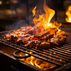 Grilled meat on a flaming grill