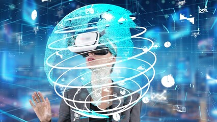 Woman looking around analyzed world finance data through VR glasses uploading turn around global...