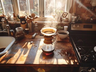 Pouring coffee into a carafe on a wooden table