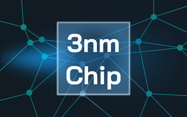 3nm Chip lettering on a illustrated processor chip in front of connected dots in front of a dark...