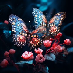 Two fantasy butterflies with pink flowers