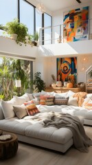 A bright and airy living room with a large white sectional sofa, colorful pillows, and a mix of modern and rustic decor