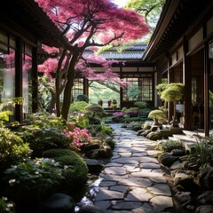 Japanese garden with pink flowers and stone path