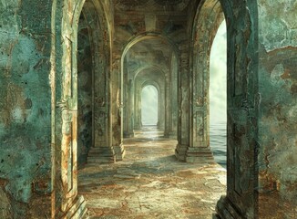 Mystical corridor with stone columns and arches leading to the light