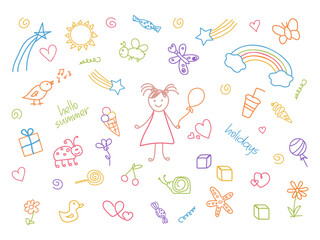 Cute doodle icon set of happy girl childhood. Summer vacation abstract outline drawn elements collection. Colorful art illustration. Kids drawings background