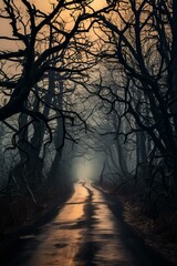 Road through a dark, spooky forest