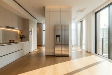 An open-concept kitchen with a large fridge and wooden flooring