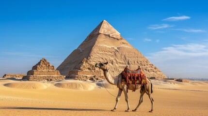 A camel walks past the Great Sphinx and the pyramids of Giza on the outskirts of Cairo, Egypt