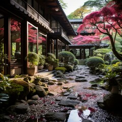 Japanese garden with a traditional house and a beautiful Zen garden