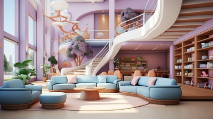 A modern living room with a curved staircase and a large pink tree
