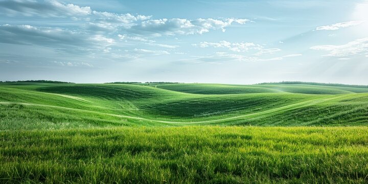 Green rolling hills under blue sky with white clouds