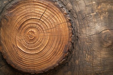 Naklejka premium A wooden cross section of a tree trunk with visible annual growth rings.