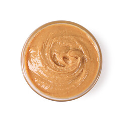Delicious nut butter in bowl isolated on white, top view