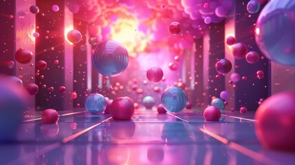 Pink and purple spheres floating in a surreal dreamscape