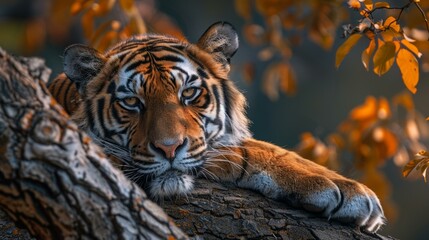 A tiger is resting on a tree branch in the middle of a forest
