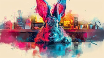  Rabbit before urban scene, water reflects rabbit's head
