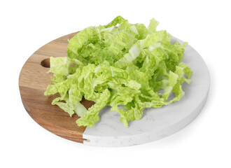 Board with pile of shredded fresh Chinese cabbage isolated on white
