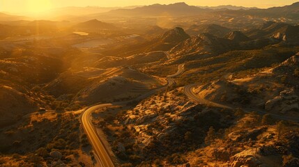 Sunset Over Mountain Pass Road Aerial View