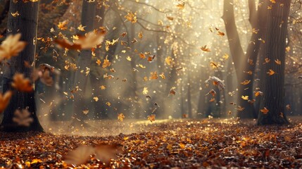 Golden Light Shining on Scattered Autumn Leaves