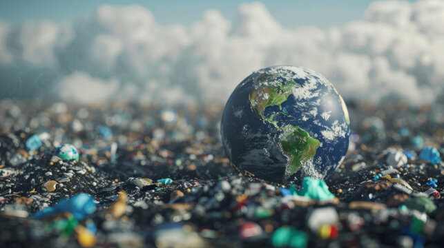An environment concept with a globe of Planet Earth washed up on a beach with litter, plastic and pollution 