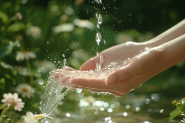 Fototapeta premium Woman's hands cupping water with green blurred background