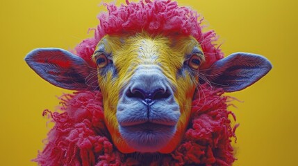 Fototapeta premium A sheep's face, tightly framed, sporting a reddish patch on its head against a sunlit yellow background