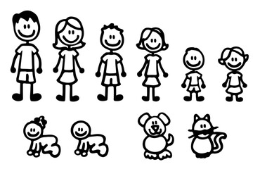 Set of happy cartoon doodle figure family, stick man. Stickman Illustration Featuring a Mother and Father and Kids. Vector Illustration, set of family in stick figures.
