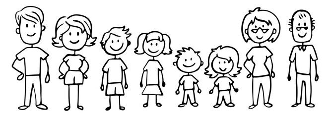 Set of happy cartoon doodle figure family, stick man. Stickman Illustration Featuring a Mother and Father and Kids. Vector Illustration, set of family in stick figures.