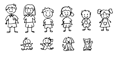 Set of happy cartoon doodle figure family, stick man. Stickman Illustration Featuring a Mother and Father and Kids. Vector Illustration, set of family in stick figures.