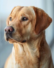 A portrait of a brown Labrador Retriever