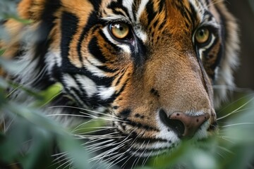 A fierce tiger stares out from the undergrowth