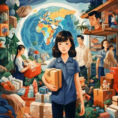 A young woman standing in front of a world map holding a box with two other people in the background