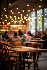 Blurred background of a bookstore with people sitting at tables reading books