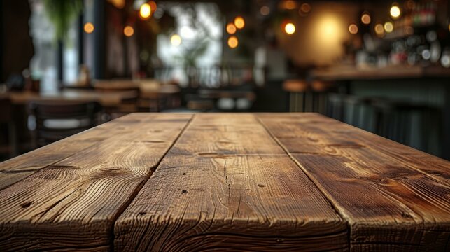 Rustic wooden table with a blurred background of a restaurant