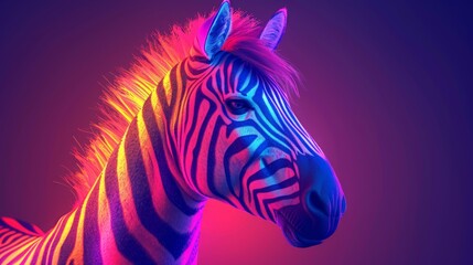 Obraz premium A detailed shot of a zebra's head under a multicolored spotlight, illuminating its striped body