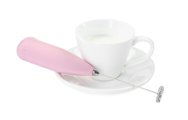 Milk frother wand and cup isolated on white