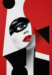illustrazione con elementi geometrici a tema astratto contemporaneo, volto femminile, collage