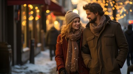 Fototapeta premium A couple is walking down a snowy street at night.
