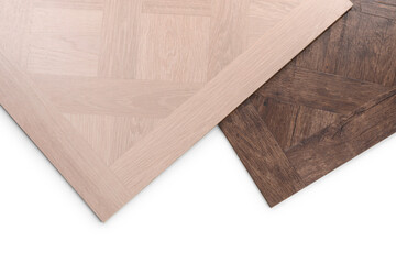 Samples of wooden flooring isolated on white, top view